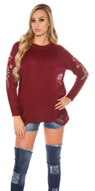 Trendy Long jumper with patches Used Look Bordeaux